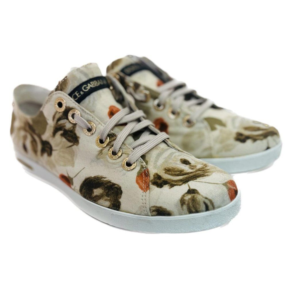 Dolce & Gabbana Beige Orange Floral Printed Canvas Low Top Sneakers Size 38